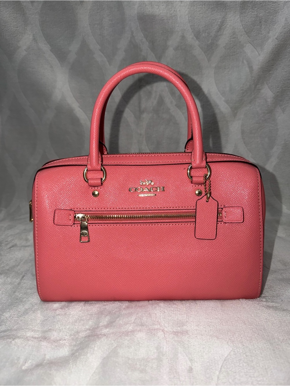 Coach Coral Pink Saffiano Leather Satchel with Gold Hardware